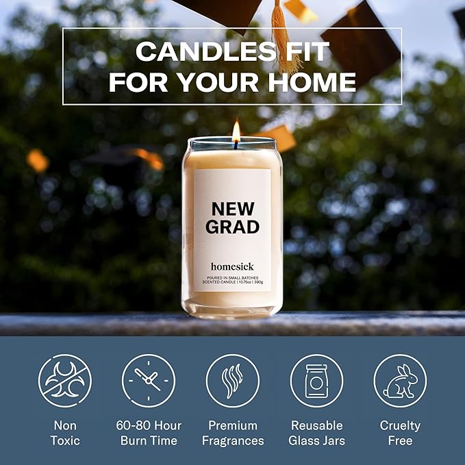 Homesick Scented Candles for Home (New Grad) - 13.75 oz Long-Lasting Soy Wax Jar Candle for Women & Men for All Occasions, 60-80 Hours Burn Time - Notes of Jasmine, Rosemary, Gardenia & Vanilla