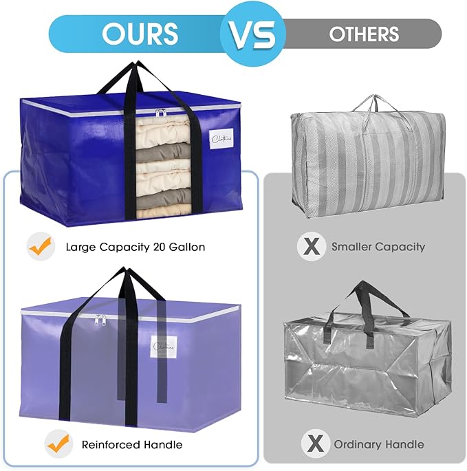 BlissTotes 8 Pack Moving Bags with Clear Window, Storage Bags with Strong Carrying Handles & Zippers,Large Packing Bags for Saving Space, Alternative to Moving Boxes(Blue,20 Gallon)