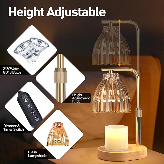 APSARAS USA Candle Warmer Lamp with Timer,Adjustable Height Candle Warmer,Dimmable, Home Decor,Wax Warmer Lamp for Jar Candles with 2 Bulbs and Life Flower Wooden Base,Gift Box for Her/Him (TD1283)