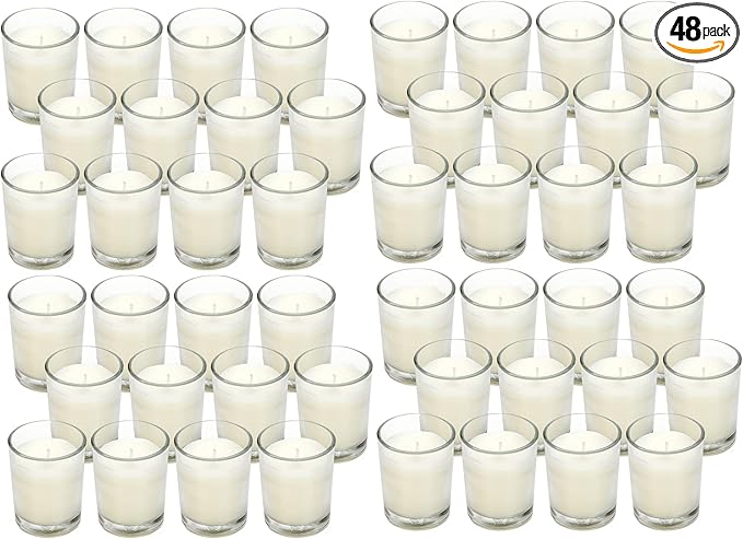48-Pack Clear Glass Votive Candles – 10–12 Hour Long Burn, Unscented, Ivory, Bulk Set for Weddings, Events & Table Centerpieces – Hosley
