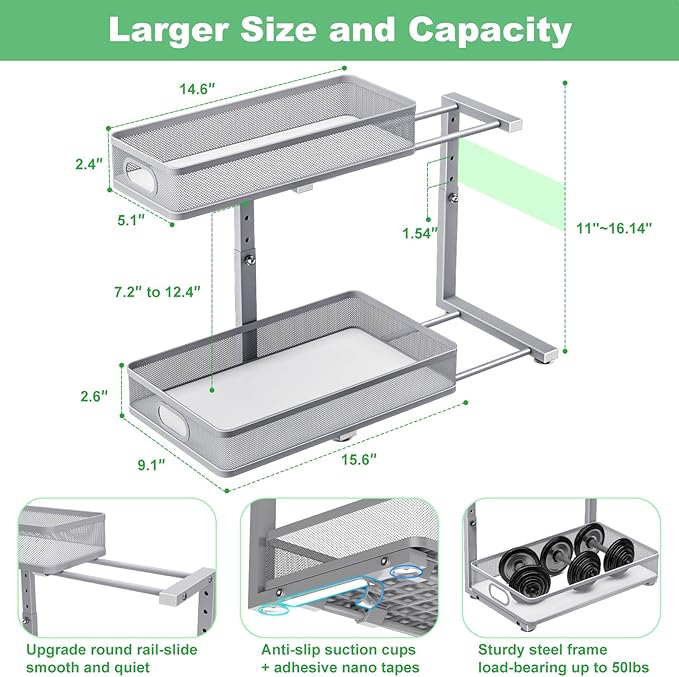 Under Sink Organizer 2 Pack, High Adjustable 2 Tier Under Sink Organizers and Storage, Slide out Metal Cabinet Organizers, Pull out Storage Drawer Shelf for Kitchen Bathroom Cabinet