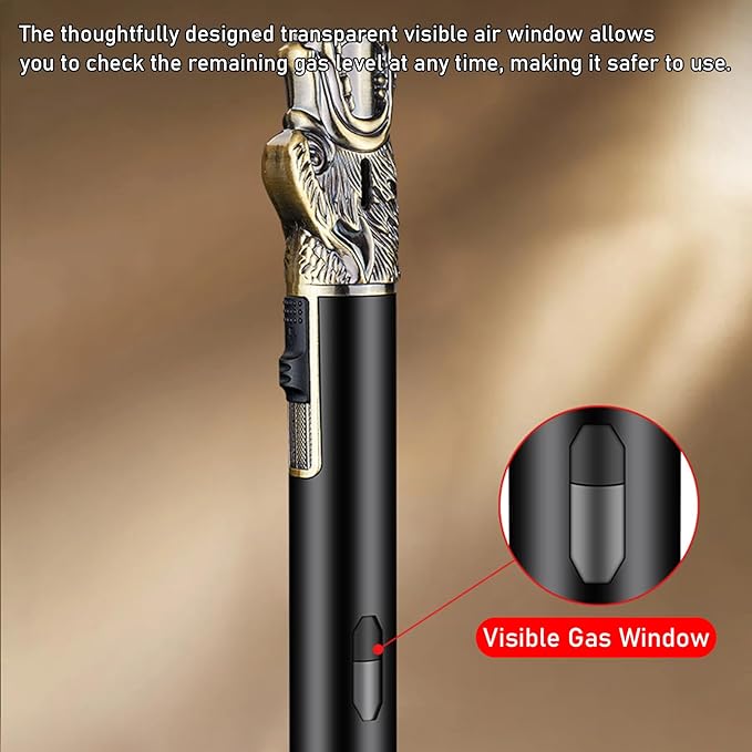 Torch Lighter - Refillable Butane Lighter with Adjustable Flame, Windproof Jet Flame, Transparent Gas Window - Long Lighter for Candles, Kitchen, Outdoor Use (Gas Not Included)-Red Copper