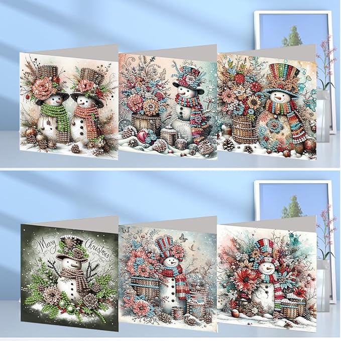 6PCS DIY Diamond Art Christmas Cards with Envelopes, Festive Holiday Greeting Cards Kit, Snowman Christmas Diamond Art Kits for Adults Kids Gifts