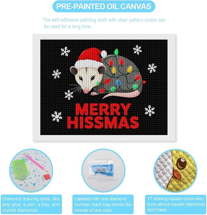 AIVKIEJK Diamond Painting Kits for Adults - Christmas Possum Merry Hissmas Painting DIY 5D Full Drill Diamond Dots Paintings with Diamonds Gem Art and Crafts Home Decor 12"x16"