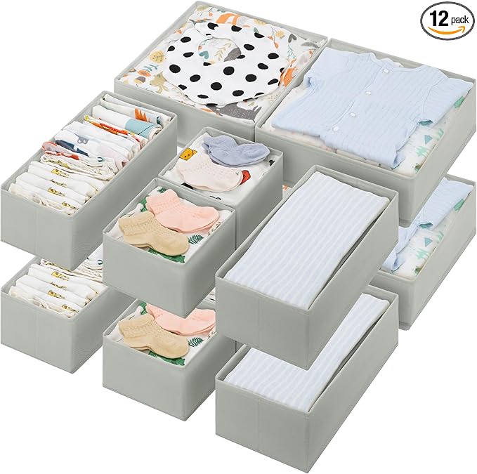GRANNY SAYS Drawer Organizer Clothes, 12 Pack Dresser Organizer Bins for Nursery, Closet Organization and Storage Dividers for Clothing, Baby Clothes, Underwears, Gray