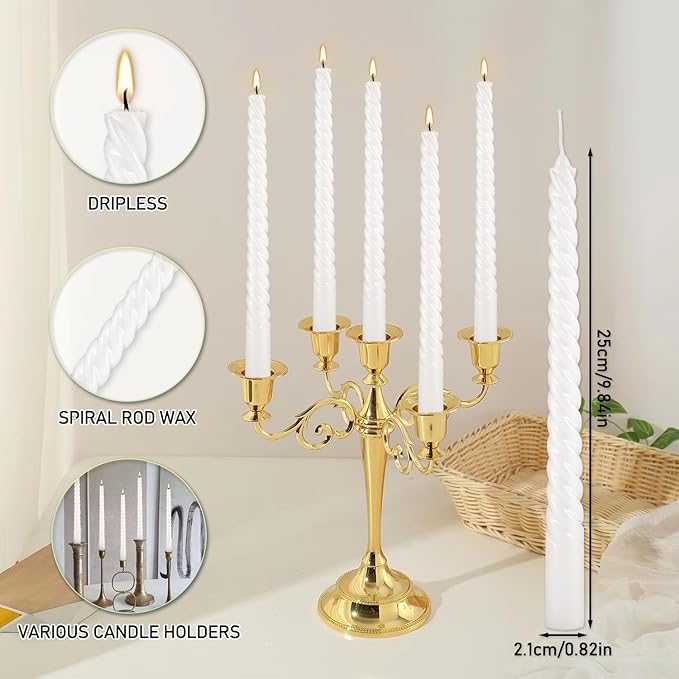 12 Pack White Taper Candles - Premium Spiral Twist Wax Candles, Smokeless & Unscented Elegant for Dining, Weddings, and Home Decor High-end Restaurant Mood Lighting