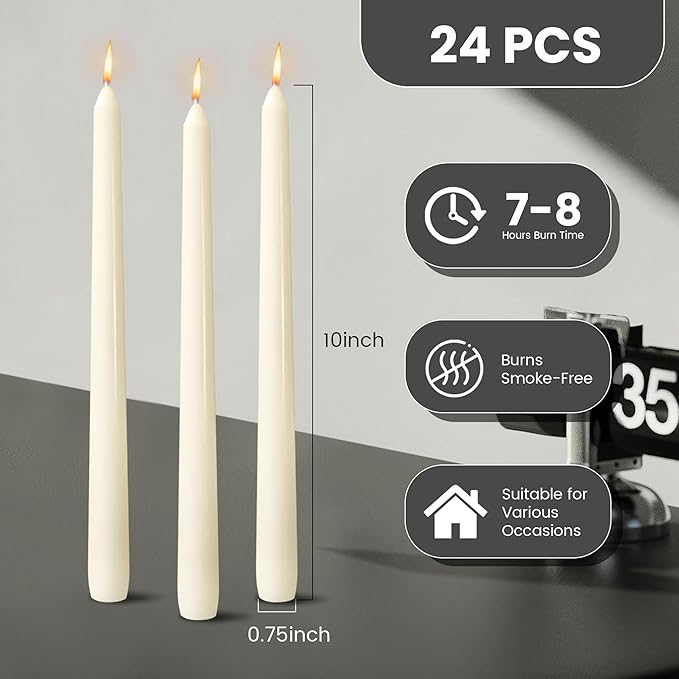OSHINE Ivory 10 Inch Taper Candles - 24 Pack Long Taper Candles Dripless Unscented Smokeless & Emergency 7-8 Hours Long Burning Ivory Cndlesticks, Ideal for Valentine, Weddings, Party