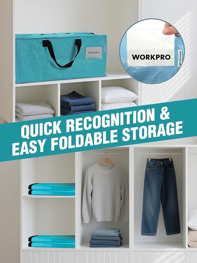 WORKPRO 1 Pack Extra Large Moving Bags with Zippers & Carrying Handles Backpack Straps, Heavy-Duty Storage Tote for Space Saving Moving Storage (Blue)