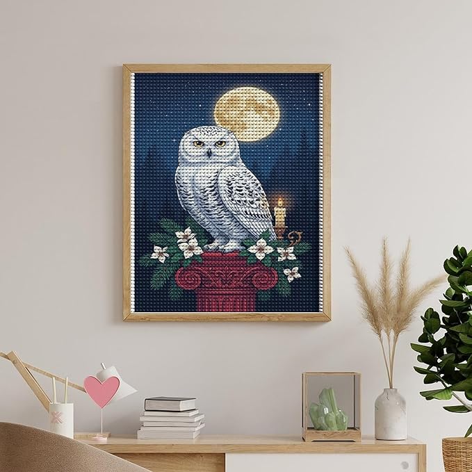 KIVJMSIDJA Snowy Owl & Candle Glow - Winter Night Scene Diamond Painting Kits for Adults,Diamond Art Kits for Beginners 5D Round Diamond 16"x20"