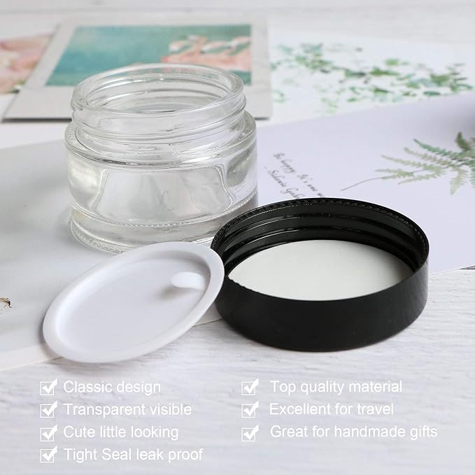 Encheng 15 Pack of 2 oz Clear Round Glass Jars, with Inner Liners and Lids, Empty Cosmetic Containers,Cream jars