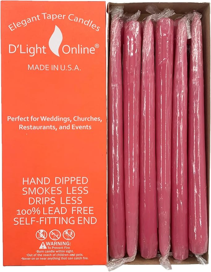 D'light Online Elegant 10" Unscented Rosewood Blush Pink Taper Candles, Premium Quality Hand-Dipped Tapered Candles, Dripless and Smokeless - Set of 12 Individually Wrapped (10 Inch, Rosewood Pink)