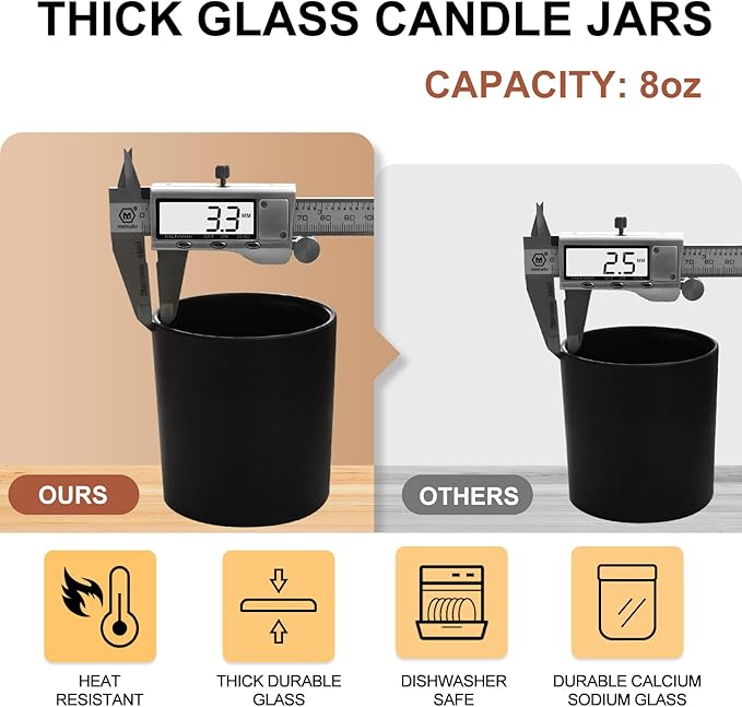 SHOWIN 8 OZ Thick Candle Jars for Making Candles 15 Pcs, Black Empty Jars with Wood Lids for Candle Making, Sample Container,Matte Black