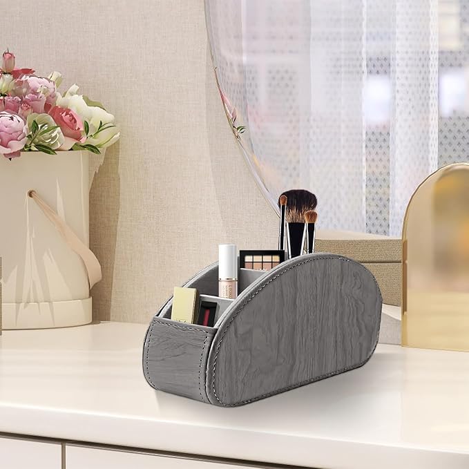 Remote Control Holder, Leather 5 Rooms Desk Organizer and Decorations for Living Room, Bedside Storage Remotes Caddy for TV Controllers/ Makeup Brush Pen/ Office Stationery/ Art Supplies/ Eyeglasses