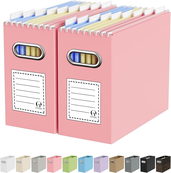 Oterri File Organizer Box, Portable Collapsible Cardboard File Folder Organizer with Handle for Letter Size Hanging Files, Document Storage Box for Home Office & Classroom (2 Packs, Pink)