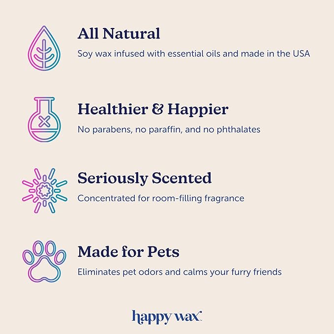 Happy Wax Pet Scents Mix Premium Scented, Non Toxic, Pet Safe, Odor Eliminating, Dye-Free Soy Wax Melts – 6 Total Oz: Almond Blossom for Dogs, Bamboo & White Tea for Cats and Golden Citrus for Pets