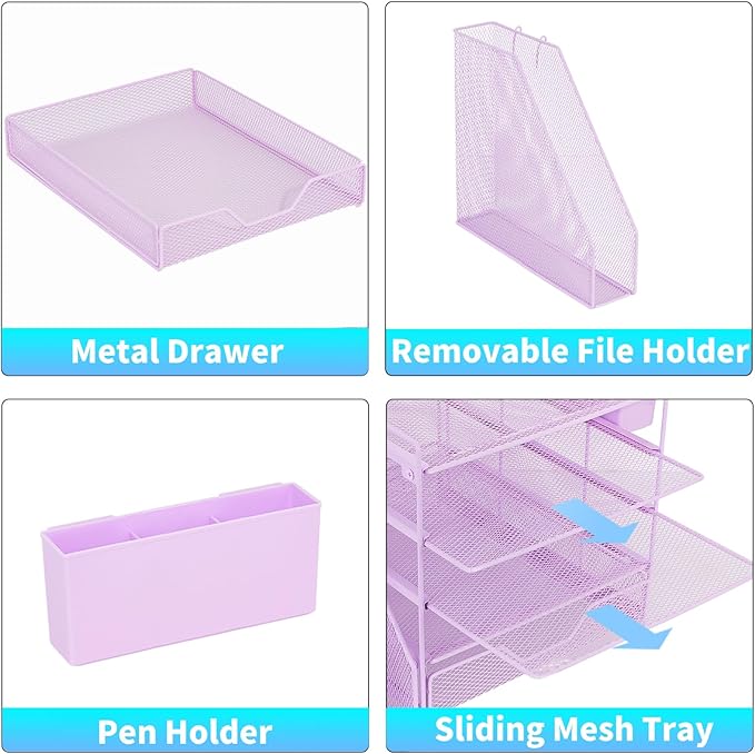 Desk Organizer, 5-Tier Paper Letter Tray Organizer with File Holder, Drawer and Pen Holder, Desktop Organizer for Office Supplies, Purple
