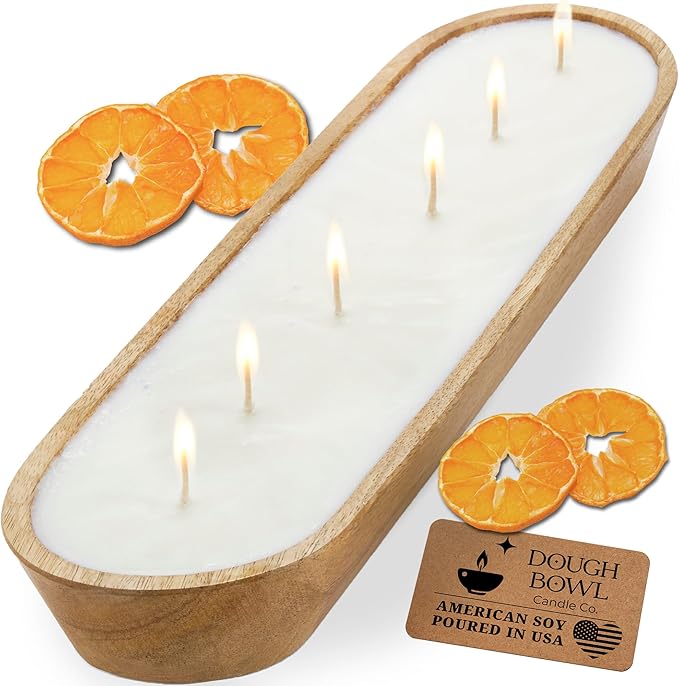 Dough Bowl Candle Co. Mandarin Cranberry Soy Candle - 6 Wick Rustic Farmhouse Coffee Table Decor, Odor Eliminator in Wooden Bowls, 32 Ounce Wooden Dough Bowl Candle, All-Natural Gifts for Women or Men
