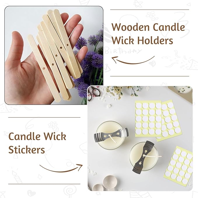 JEAWIWI 100 Pcs Cotton Candle Wicks (10 Inches) with 100 Pcs Wick Stickers and 10 Pcs Wooden Candle Wick Holders, Candle Wicks for Soy Wax, Beeswax, Coconut Wax