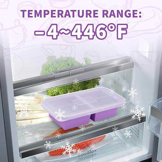 SHIKORI Silicone Freezer Tray With Lid, Silicone Freezer Food Molds, Large Ice Cube Tray, Silicone Freezer Container,Freeze & Store Soup, Sauce, Broth,Leftovers (Purple-2 Cups)