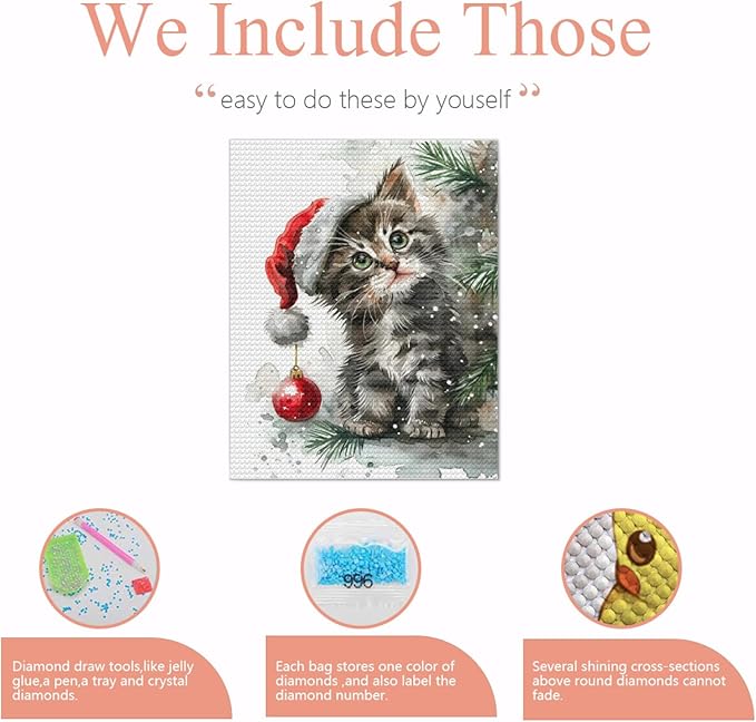 QZOTRXI Winter Diamond Art Kits for Adults,Christmas Cat Diamond Painting Kits for Beginners, DIY Round 5D Gem Art Kits and Art Crafts for Home Decor 20x24 Inch