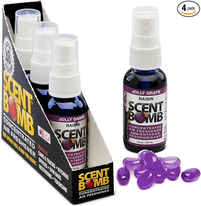 Scent Bomb Air Freshener Spray, Long-Lasting Odor Eliminator - Effective Deodorizer for Home & Car, Fresh Room Spray for Kitchen, Bathroom & Smell Neutralizer - 1 oz Pack of 4, Jolly Grape Scent