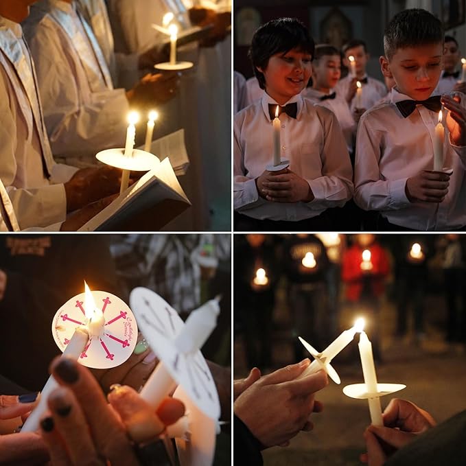 100 Church Candles with Drip Protectors for Devotional Candlelight Vigil Service, Box of 100 Candles, Unscented White 5" H X 1/2" D, No Smoke