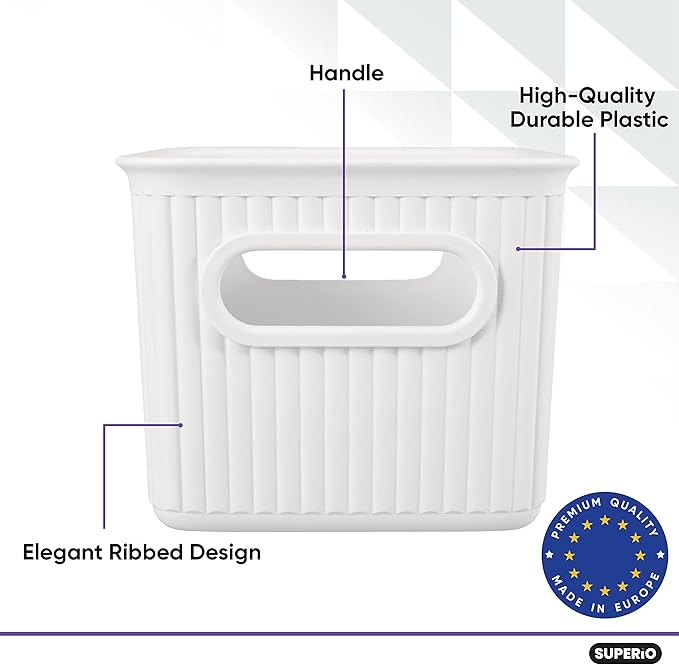 Superio Decorative Plastic Basket Open Home Storage Bins Organizer Baskets, Small, White (8 Pack) Container Boxes for Organizing Closet Storage Bins for Shelves Drawer Shelf, 1.5 Liter