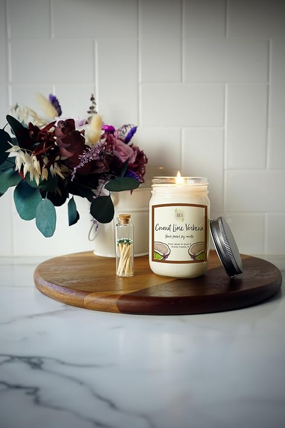 Aira Soy Candle – Coconut Lime Verbena – 12 oz Mason Jar – Hand-Poured USA – Long-Lasting Vegan Soy Wax Candle – Fresh Tropical Citrus Aroma – Paraffin-Free, Kosher, Cruelty-Free