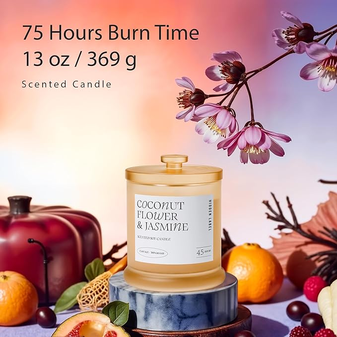 Hidden Label Coconut Flower & Jasmine Scented Candle | 2 Wick Large Candles for Home Scented 13oz 75Hour Long Lasting Slow Burning | Aromatherapy Candle for Home Decor, Stress Relief & Relaxation