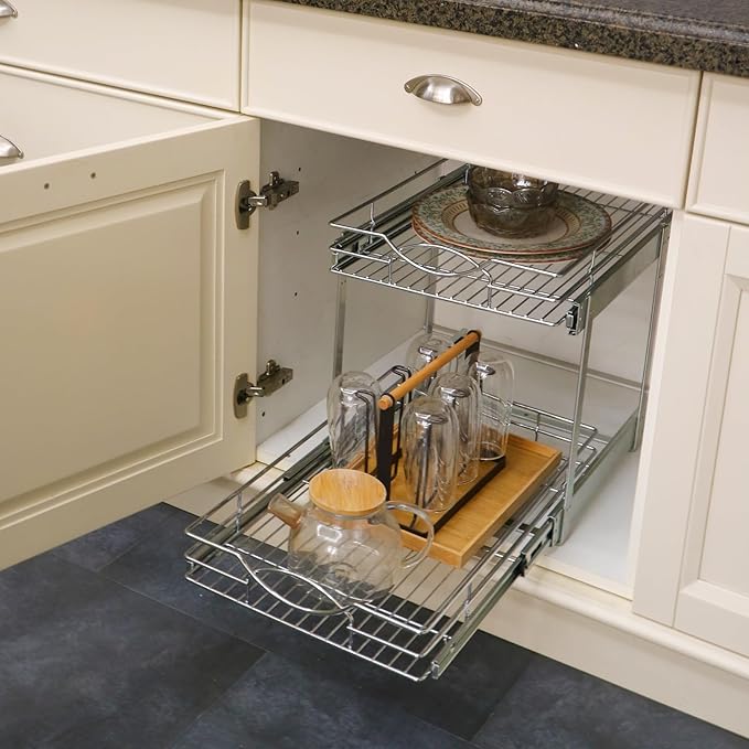 Sikarou Pull Out Cabinet Organizer 14" W x 21" D 2-Tier Individual Slide Out Drawer Pantry Shelf Storage for Kitchen Base Cabinet Organization for Kitchen, Bathroom, Pantry, Chrome