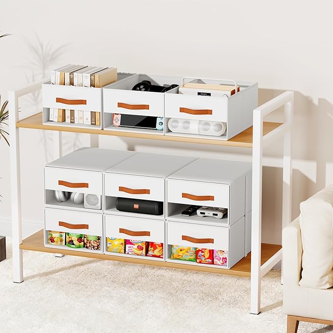 Stackable Storage Drawers - Pull Out Storage Bins with Drawers for Closet Clothes Organizers with Weekly Labels & Clear Window, Closet Shelf Storage for Bedroom, Living Room, 5 Pack, White