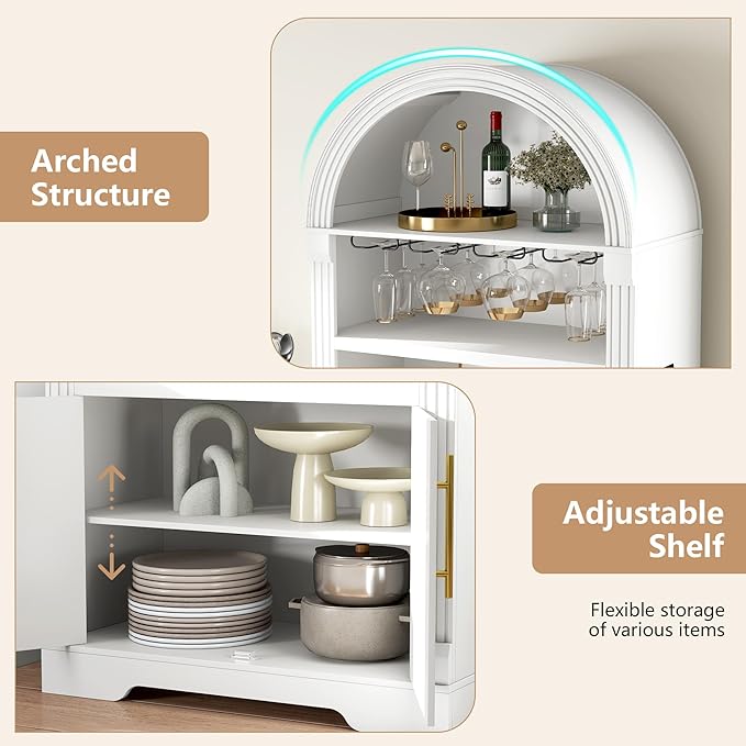 Vlsrka 71" Tall Arched Kitchen Pantry Cabinets, Wood Kitchen Storage Cabinets/Arched Bookshelf/Bookcase,China Cabinet with Open & Adjustable Shelves, Induction LED Light (White A)