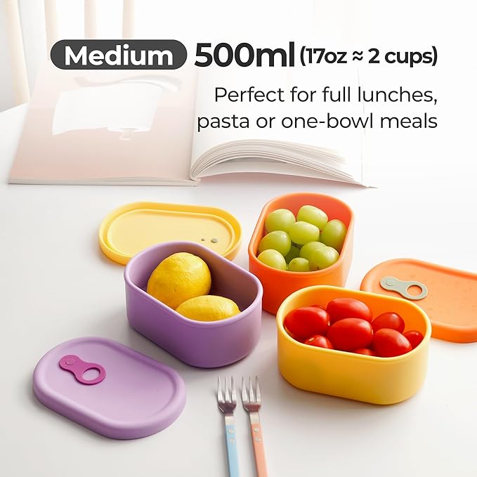 Premium Korean-Made Silicone Airtight Food Container with Steam Vent – BPA Free, Leakproof, Microwave & Freezer Safe Meal Prep. & Leftovers Storage (4p Multi-Color Set, 17 floz (500ml))