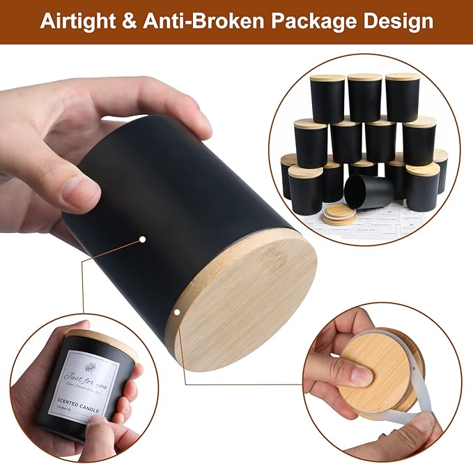 CONNOO 15 Pack 7 OZ Matte Black Candle Jars with Bamboo Lids for Making Candles, Thick Glass Candle Jars Empty Jars in Bulk with lids - Dishwasher Safe