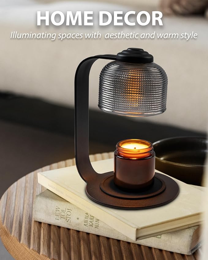 Candle Warmer Lamp with Timer 2 Bulbs, Office Kitchen Countertop Lamp Home Decor for Soy Candle, Gift for Mom Friends and New Home(Pixel-Art Black Glass)