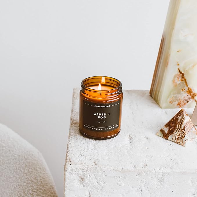Calyan Wax Co. Aspen & Fog Scented Candle - 57 Hour Burn - Luxury Non Toxic Soy Wax Candles - Long Lasting Amber Glass Jar Candle for Home - 7.2oz