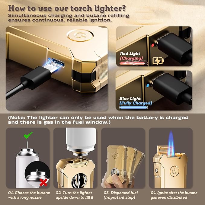 5-in-1 Torch Lighter with Tool, Holder, Punch, Draw Enhancer Tool, Double Jet Flame, Windproof Lighters, Gifts for Men, Rechargeable and Refillable Butane Lighter, Cool Lighters for Men Candles (Gold)