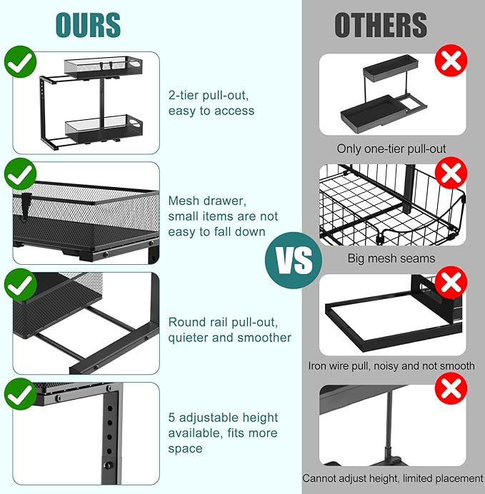 Housolution 2 Pack Under Sink Organizer, 2 Tier Metal Pull Out Under Sink Storage with Sliding Mesh Drawers, Height Adjustable Slide Out Under Sink Organizer for Kitchen Bathroom Cabinet, Black