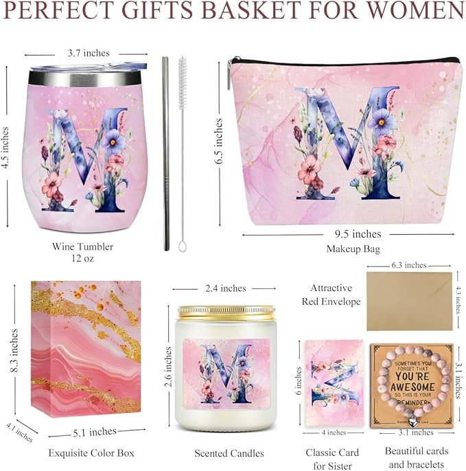 Personalized Gifts Monogrammed Birthday Gifts for Women, Her, Teacher Mother in Law Wedding Christmas Initial Wine Tumbler Makeup Bag Scented Candle Bracelet Set, (Aesthetic Pink Flower M)