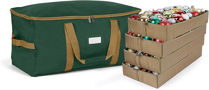 Covermates Keepsakes Adjustable Ornament Storage Bag – Heavy-Duty Polyester, Padded Dividers & FlexGrid Trays – Protective Holiday Ornament Organizer with Handles & Label Window, Green