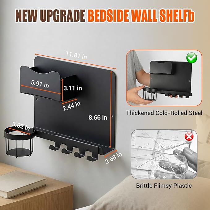 Floating Bedside Shelf & Bedside Wall Organizer, Metal with Detachable Cup Holder, No-Drill Wall Mounted Storage for Bedroom, Dorm, Teen Girls Room, Loft Bed, RV, Bunk Bed & Small Space Organization