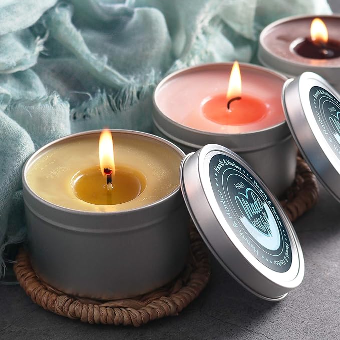 Hearth & Harbor 10 lbs. Soy Candle Wax with Supplies, 4 oz. 24 Pack Tin Jars with Lids, Cotton Candle Wicks, Wick Stickers and Centering Devices - Soy Wax Flakes with Containers for Candle Making