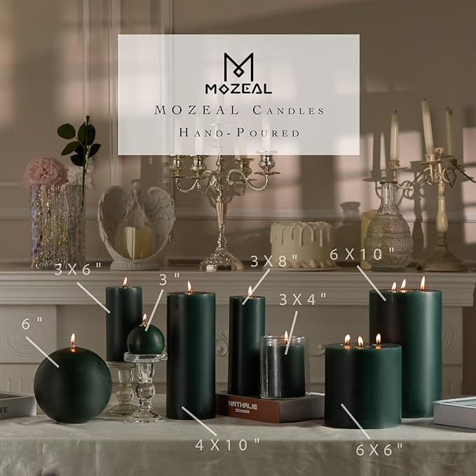 MOZEAL 4" x 10" Extra-Large Dark Green Pillar Candles (Set of 2),Unscented,Dripless, Smokeless,Long Clean-Burning,These Tall 10 inch Large Green Pillar Candles Perfect for Weddings and Christmas Decor