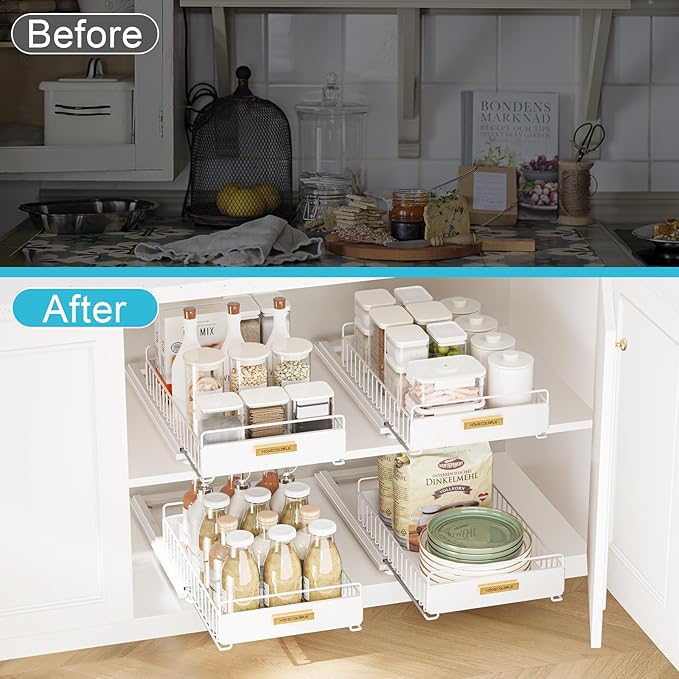 Pull Out Cabinet Organizer,Under Sink Organizer and Storage, Metal Slide Out Drawers for Cabinets, Multi-Purpose Storage Shelf for Kitchen, Cupboard, Bathroom 2 Pack White