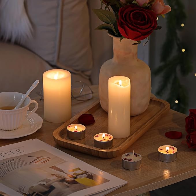 16 Pcs Rose Scented Tealight Candles, 6H Long Burning - 100% Palm Wax Based Scented Tea Lights with Dried Flowers, Non-Toxic/Smokeless Scented Tea Lights Candles for Spa, Bath, Wedding, Valentine