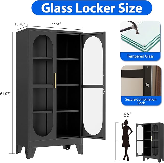 Ckzbx Glass Locker Metal Cabinets 61" H Locking Tool File Cabinets Snack Locker Organizer for School Classroom,Bedroom,Gym Home Office,Entryway and Hallwa (Black)