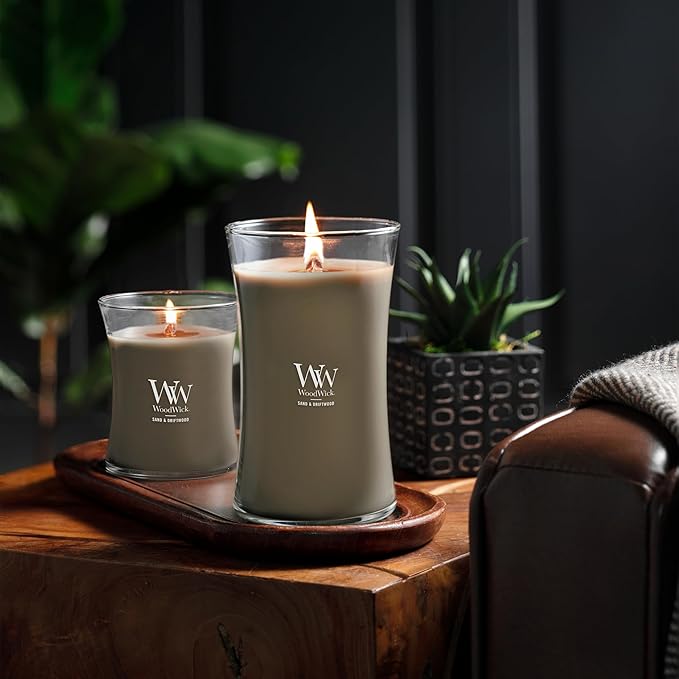 WoodWick Sand & Driftwood Gifts for Women and Men, 21.5 oz Large Hourglass Candle with Crackling Wick