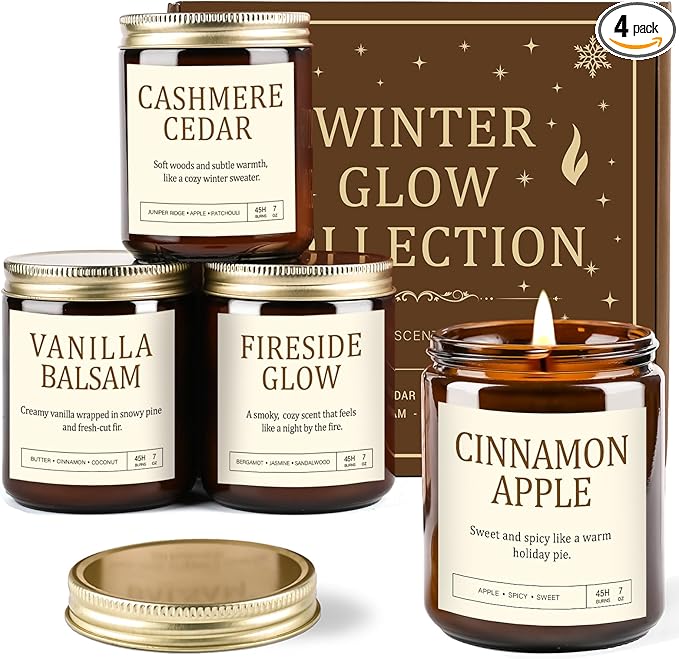 Scented Candles Gift Set for Women - 4 Pack Soy Candles for Home Scented, Long Lasting Winter Candle Set with Cashmere Cedar/Fireside Glow/Cinnamon Apple/Vanilla Balsam, Birthday Valentine's Day Gifts
