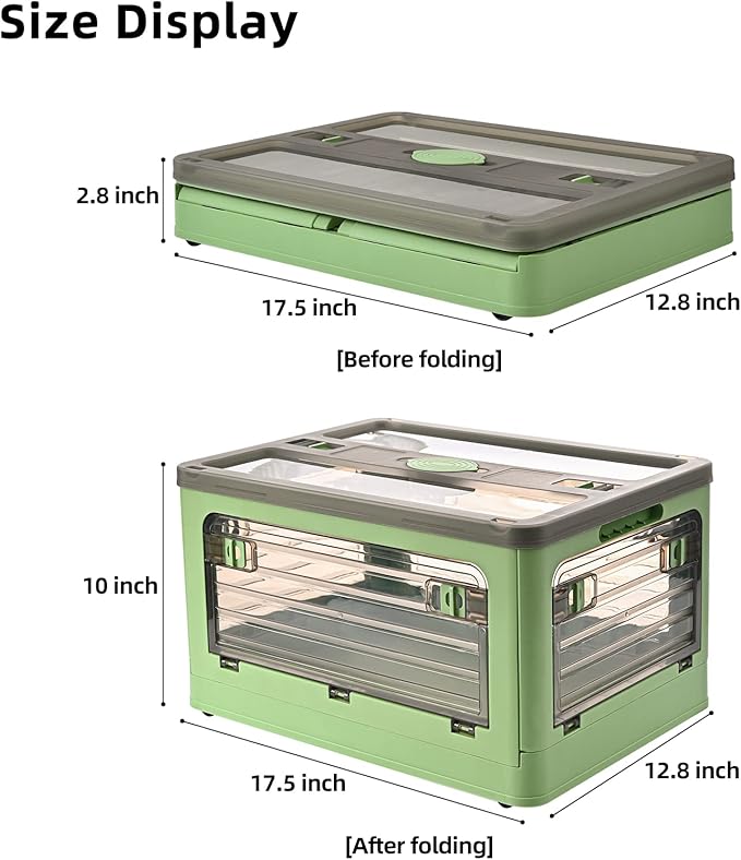 32Qt Plastic Storage Bins with Lid, Collapsible Storage Bins with Wheels, Storage Boxes with 4 Doors, Stackable Storage Bins for Organizing Clothes, Snacks and Camping, 2-Pack (Green)