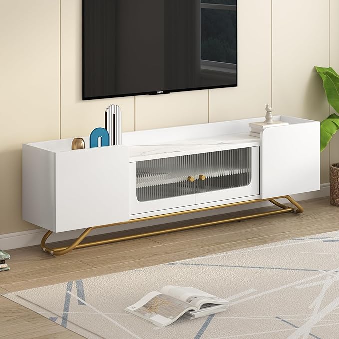 Modern Entertainment Center for TVs Up to 65”, Sleek Design TV Stand with Fluted Glass Doors and Gold Frame Base, Faux Marble Top TV Console Table for Bedroom,Living Room, 63.07 inch Length, White